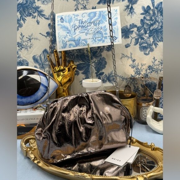 🆕 REISS 🧿 NWT Elena Metallic Grained Clutch, Convertible Shoulder Bag - Picture 2 of 13